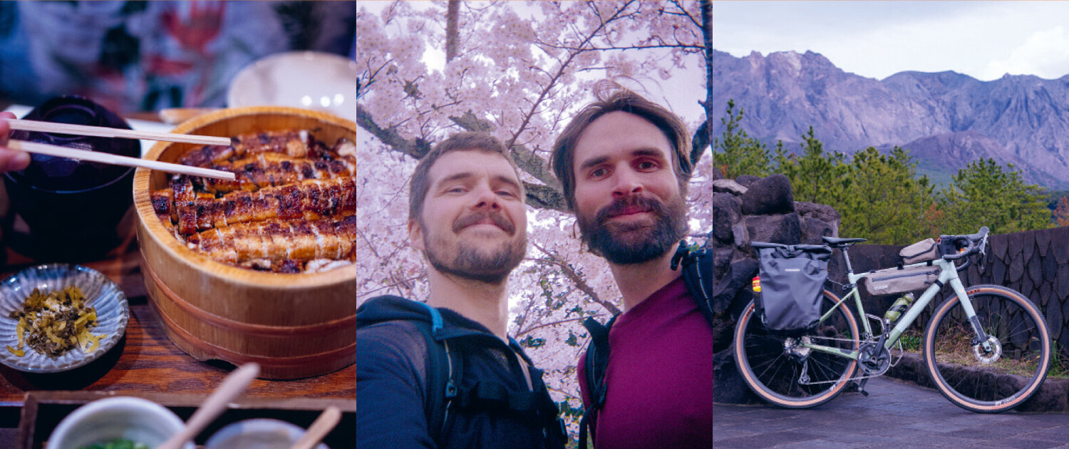 Dreiteiliges Bild: Unagi-Reisschale mit St&auml;bchen, Selfie zweier M&auml;nner unter Kirschbl&uuml;ten, bepacktes Fahrrad vor Bergkulisse.
